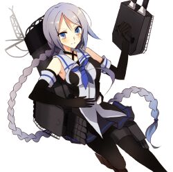  1girl bad_id bad_twitter_id black_gloves black_pantyhose blue_eyes blue_hair blue_neckerchief blush braid breasts closed_mouth commentary commentary_request elbow_gloves gloves grey_hair holding kantai_collection kinona long_hair looking_at_viewer medium_breasts neckerchief pantyhose rigging sailor_collar school_uniform serafuku simple_background single_braid solo umikaze_(kancolle) very_long_hair white_background 