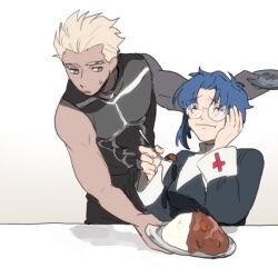  1boy 1girl archer_(fate) black_robe blue_hair ciel_(tsukihime) closed_eyes commentary_request curry dark-skinned_male dark_skin eating fate/stay_night fate_(series) food foodgasm glasses hand_on_own_cheek hand_on_own_face holding holding_plate holding_spoon in-franchise_crossover long_sleeves momoka_(abc_momoka0718) nun plate robe shirt short_hair sideways_glance sleeveless sleeveless_shirt spoon tsukihime white_hair 