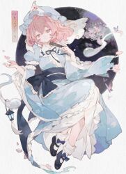  1girl black_shoes blue_hat blue_kimono chinese_commentary commentary_request falling_petals folded_fan folding_fan frilled_kimono frills full_body hand_fan hat highres hitodama holding holding_fan japanese_clothes kimono koiliblikas long_sleeves mary_janes mob_cap petals pink_eyes pink_hair pink_petals saigyouji_yuyuko shoes sleeve_garter socks solo touhou translation_request triangular_headpiece white_socks wide_sleeves 
