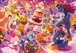  :d absurdres alcremie alolan_raichu applin ascot black_hat blue_eyes bounsweet bright_pupils burmy cake candy_wrapper cherubi claws commentary crobat cup drifloon food fork gourgeist hat highres holding holding_plate hoopa hoopa_(confined) looking_back mimikyu no_humans official_art open_mouth outdoors pancake pawmi phantump pikachu plate poffin pokemon pokemon_(creature) pokemon_focus polteageist pumpkaboo shuppet sinistea slurpuff smile swirlix teacup teapot trevenant twilight white_ascot white_pupils yamask zoroark zorua 