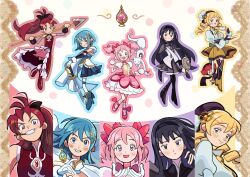 5girls absurdres akemi_homura akemi_homura_(magical_girl) alos_(alosrovolo) argyle_clothes argyle_pantyhose arm_shield black_hair black_hairband blonde_hair blue_hair blue_outline bow cape charlotte_(madoka_magica) choker coaster cup drill_hair expressionless food food_in_mouth fortissimo frills glock gloves gun hair_bow hair_ornament hairband hairclip handgun highres holding holding_cup holding_sword holding_weapon holy_quintet kaname_madoka kaname_madoka_(magical_girl) kyubey long_hair magical_girl mahou_shoujo_madoka_magica mahou_shoujo_madoka_magica:_hangyaku_no_monogatari miki_sayaka miki_sayaka_(magical_girl) multiple_girls musical_note musical_note_hair_ornament open_mouth outline pink_hair pink_outline pocky pocky_in_mouth polearm ponytail puffy_sleeves purple_outline red_choker red_hair red_outline sakura_kyoko sakura_kyoko_(magical_girl) short_hair short_twintails smile soul_gem_(madoka_magica) spear sword tomoe_mami tomoe_mami_(magical_girl) twin_drills twintails weapon white_cape white_gloves witch_(madoka_magica) yellow_outline