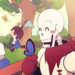  1:1 1other 2023 2boys 2d ^_^ ambiguous_gender armor black_shoes black_socks blue_jacket blue_shirt blue_shorts brothers brown_hair bug bush butterfly butterfly_net butterfly_on_finger cape child closed_eyes day digital_media frisk_(undertale) gloves green_background grey_hood height_difference holding holding_butterfly_net hollow_eyes hood hood_down hooded_jacket human humanoid jacket long_sleeves male mistk12 monster monster_boy multiple_boys open_clothes open_jacket outdoors papyrus_(undertale) pink_stripes red_cape red_gloves sans_(undertale) shirt shoes short_hair shorts siblings simple_background single_blush_sticker skeleton socks striped_clothes teeth tree trio undead undertale utdr_(toby_fox) white_armor white_shirt yellow_trim 