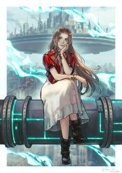  1girl 2026 aerith_gainsborough arm_belt bangle boots border bracelet brown_boots brown_hair buttons choker city closed_mouth cropped_jacket crossed_legs dated dress final_fantasy final_fantasy_vii final_fantasy_vii_rebirth final_fantasy_vii_remake flower_choker full_body gold_bangle green_eyes head_on_hand highres industrial_pipe jacket jewelry kay-i lifestream long_dress long_hair looking_at_viewer parted_bangs pink_dress red_jacket short_sleeves sidelocks silver_bangle sitting solo twitter_username white_border 