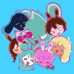  2girls 5boys alien_stage animal_ears aqua_hair black-haired_boy_(alien_stage) blue_background bow braid brown-haired_boy_(alien_stage) brown-haired_girl_(alien_stage) brown_hair closed_eyes commentary dark-skinned_male dark_skin grey-haired_girl_(alien_stage) multiple_boys multiple_girls one_eye_closed pink-haired_child_(alien_stage) pink_bow pink_hair purple-eyed_boy_(alien_stage) purple_bow rabbit_ears smile till_(alien_stage) untranslatable_commentary v yoonyoon 