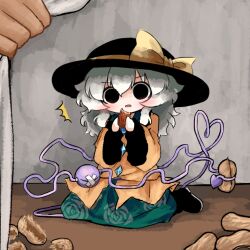  1girl 1other ^^^ black_boots black_eyes black_hat blush boots bow buttons collared_shirt commentary_request crossed_bandaids diamond_button disembodied_linked_eye eating empty_eyes eyeball floral_print green_skirt hair_between_eyes hat hat_bow heart heart_of_string heripantomorrow komeiji_koishi long_hair long_sleeves looking_at_viewer open_mouth peanut print_skirt rose_print shirt sitting skirt solo_focus touhou wide_sleeves yellow_bow yellow_shirt 