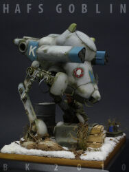  1boy artist_name black_background black_gloves cable cargo_pallet dirty drum_(container) egg english_text gloves grass green_jumpsuit hafs_goblin hydraulic_joint insignia jumpsuit krueger maschinen_krieger mecha mecha_focus missile_pod model_kit_(medium) mud oil_can photo_(medium) print_armor repairing robot snow tall_grass unconventional_media walker_(robot) 