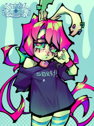  1girl animal_ears artist_name black_shirt blue_thighhighs crying crying_with_eyes_open dav_(krooked_glasses) ear_piercing furry furry_female hair_ornament hairclip highres long_hair looking_at_viewer multicolored_thighhighs original piercing pink_eyes rabbit_ears rabbit_girl shirt short_sleeves solo striped_clothes striped_thighhighs tears thigh-highs two-tone_thighhighs white_fur white_thighhighs 
