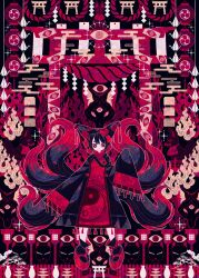  1girl absurdres alternate_color alternate_eye_color alternate_hair_color animal_hat black_dress black_hair black_hat boku_(isizakitakasi) commentary dress egasumi fox fox_tail full_body hat highres kitsune looking_at_viewer mob_cap multiple_tails red_eyes red_tabard solo tabard tail torii touhou yakumo_ran yin_yang yin_yang_print 