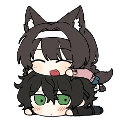 1boy 1girl :d ^_^ animal_ear_fluff animal_ears black_hair blue_skirt blush brown_hair chibi chibi_only closed_eyes commentary_request degrees_of_lewdity dog_ears dog_girl dog_tail double-parted_bangs fang flat_color flustered full_body green_eyes hair_between_eyes head_on_head head_rest headband highres human_stacking kylar_(degrees_of_lewdity) kylar_(male)_(degrees_of_lewdity) langsan long_hair long_sleeves looking_to_the_side lying on_stomach pink_sweater player_character_(degrees_of_lewdity) player_character_(female)_(degrees_of_lewdity) short_hair simple_background skirt smile sweater swept_bangs tail very_long_hair white_background white_headband 