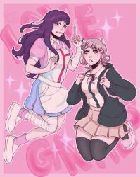  2girls apron artist_name bandaged_arm bandaged_leg bandages black_jacket black_thighhighs blue_skirt border breasts brown_hair collared_shirt commentary danganronpa_(series) danganronpa_2:_goodbye_despair english_commentary eyelashes fingernails full_body hair_ornament highres holding holding_strap holding_syringe hood hooded_jacket jacket long_hair long_sleeves multiple_girls nanami_chiaki neck_ribbon open_clothes open_jacket outline pink_background pink_border pink_eyes pink_outline pink_ribbon pink_shirt pink_shoes pink_skirt pink_socks puffy_short_sleeves puffy_sleeves purple_hair ribbon shirt shoes short_hair short_sleeves skirt socks sparkle syringe thigh-highs toastybugguy tsumiki_mikan violet_eyes wavy_mouth white_apron white_shirt white_shoes 