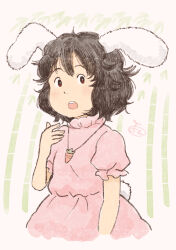  1girl :o animal_ears bamboo black_hat carrot_necklace chii-kun_(seedyoulater) commentary_request dress hat inaba_tewi jewelry looking_at_viewer necklace open_mouth pink_dress puffy_short_sleeves puffy_sleeves rabbit_ears rabbit_girl rabbit_tail short_hair short_sleeves solo tail teeth touhou upper_teeth_only 