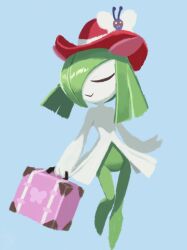  1girl animal_print blue_background butterfly_print butterfree closed_eyes colored_skin deli_mage green_skin hair_over_one_eye hat hat_ornament highres holding holding_suitcase horns kirlia multicolored_skin pokemon pokemon_(creature) red_hat sidelocks simple_background smile suitcase two-tone_skin white_skin 