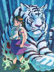  1girl animal animal_ears bare_arms cape chinese_zodiac closed_mouth commentary_request fur_cape highres holding holding_weapon jewelry kodama mononoke_hime necklace pelt purple_skirt san_(mononoke_hime) sarad_udon shirt skirt smile tail tiger tiger_ears tiger_stripes tiger_tail tooth_necklace weapon white_shirt white_tiger white_tiger_print wolf_pelt year_of_the_tiger 