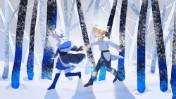  1boy 1girl absurdres ahoge aksinya_(genshin_impact) androgynous ascot bare_tree belt black_belt black_boots black_gloves black_jacket black_pants blonde_hair blue_boots blue_cape blue_dress boots branch cape capelet chinese_commentary commentary_request cuckoomisha day dress faceless faceless_female faceless_male floating_clothes floating_hair forest full_body fur-trimmed_cape fur_trim genshin_impact gloves gradient_sky grey_hair grey_sky high_heel_boots high_heels highres holding_hands ikhor_(genshin_impact) jacket long_sleeves nature open_clothes open_jacket outdoors pants pom_pom_(clothes) puffy_long_sleeves puffy_sleeves running shirt short_hair sky snow tree white_ascot white_capelet white_shirt winter 