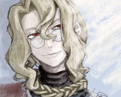  1boy black_robe blonde_hair braid braided_ponytail cassock commentary_request evil_smile fate/grand_order fate_(series) glasses hair_between_eyes highres long_sidelocks looking_ahead male_focus michael_roa_valdamjong pale_skin ponytail portrait red_eyes red_robe robe sidelocks smile solo tarantella_(fate) two-tone_robe vampire wavy_hair wavy_sidelocks ybnt_sael 