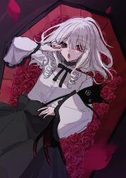  1girl abi_kyouka absurdres black_bow black_bowtie black_eyes black_skirt blunt_bangs bow bowtie button_eyes buttons center_frills coffin commentary_request curly_sidelocks fangs flower frilled_garter frilled_sleeves frills from_above hair_between_eyes hand_up highres holding holding_stuffed_toy in_coffin long_sleeves looking_at_viewer lying medium_hair nail_polish neck_garter on_back original pale_skin red_flower red_rose rose shirt sidelocks skirt stuffed_animal stuffed_cat stuffed_toy thick_eyebrows vampire white_hair white_shirt wide_sleeves yawning 