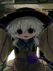  1girl absurdres black_eyes black_hat bow buttons collared_shirt commentary_request diamond_button disembodied_linked_eye empty_eyes eyeball frilled_shirt_collar frills green_hair green_skirt hair_between_eyes hat hat_bow heart heripantomorrow highres kabedon kabedon_on_viewer komeiji_koishi long_sleeves looking_at_viewer open_mouth shirt skirt smile solo touhou wide_sleeves yellow_bow yellow_shirt 
