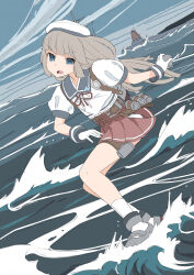  1girl blue_eyes blue_sky clouds commentary_request day depth_charge dutch_angle gloves grey_hair hat highres kantai_collection long_hair low_twintails mikura_(kancolle) ocean outdoors pleated_skirt red_skirt rigging sailor_hat school_uniform serafuku skirt sky socks solo surfing toplow twintails waves white_gloves white_hat white_socks 