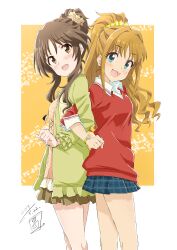  2girls absurdres aqua_eyes blue_skirt blush brown_eyes brown_hair brown_skirt character_request collared_shirt commentary_request dated eyelashes frills green_jacket hair_ornament hair_scrunchie highres idolmaster idolmaster_cinderella_girls jacket long_hair miniskirt multiple_girls open_clothes open_jacket open_mouth pink_shirt plaid_clothes plaid_skirt ponytail red_shirt scrunchie sekiya_kuzuyu shirt signature skirt solo yellow_scrunchie 
