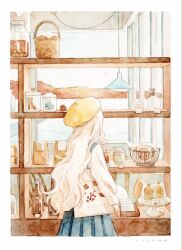  1girl arm_at_side artist_name bag beret blue_skirt border chyoma commentary cookie cowboy_shot english_commentary facing_away food from_side glass_bottle hat highres indoors jar long_hair long_sleeves original painting_(medium) pleated_skirt shelf shop shopping_bag skirt slice_of_life solo standing sweater tote_bag traditional_media warm_colors watercolor_(medium) wavy_hair white_bag white_border white_hair white_sweater yellow_hat 