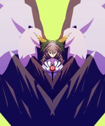  1girl 6chimomai black_eyes black_hair black_wings bow breasts collarbone commentary_request green_bow hair_bow highres long_hair looking_at_viewer medium_breasts open_mouth oversized_cape oversized_clothes oversized_wings reiuji_utsuho shirt solo third_eye touhou white_shirt wings 