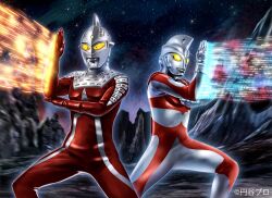  2boys alien chest_guard colored_skin commentary_request copyright_notice energy_beam forehead_jewel giant multicolored_skin multiple_boys official_art red_skin silver_skin tokusatsu two-tone_skin ultra_beam ultra_series ultraman_ace ultraman_ace_(series) ultraman_fusion_fight! ultraseven ultraseven_(series) yanagi_jou yellow_eyes 