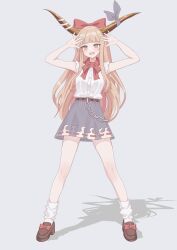  1girl :d absurdres blonde_hair bow bowtie brown_horns brown_shoes commentary_request full_body hair_bow highres horn_ornament horn_ribbon horns ibuki_suika loafers looking_at_viewer making-of_available oni open_mouth purple_skirt red_bow red_bowtie ribbon ribbon-trimmed_skirt ribbon_trim shadow shirt shoes skirt smile socks solo tinatama touhou white_shirt white_socks yellow_eyes 