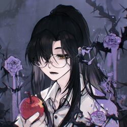  1boy apple azusaly bitten_apple black-framed_eyewear black_hair chinese_commentary collared_shirt commentary_request degrees_of_lewdity expressionless flower food food_bite fruit glasses hair_over_one_eye hand_up high_ponytail highres holding holding_food holding_fruit inverted_eyelashes long_hair long_sidelocks looking_at_object lower_teeth_only male_focus one_eye_covered open_collar paint_on_clothes parted_bangs ponytail portrait purple_flower purple_rose rose shirt sidelocks solo sydney_(degrees_of_lewdity) sydney_(male)_(degrees_of_lewdity) teeth thorns white_shirt yellow_eyes 
