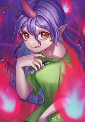  1girl blood blood_on_face commentary_request fire green_shirt hasukappu highres holding holding_syringe horns licking_lips lizard_tail long_hair looking_at_viewer pink_horns pointy_ears purple_hair purple_tail red_eyes shirt short_sleeves single_horn solo syringe tail tenkajin_chiyari tongue tongue_out touhou very_long_tail 