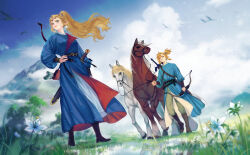  1boy 1girl belt blue_eyes blue_flower blue_rose blue_sky boots bow_(weapon) braid brown_belt brown_boots closed_mouth commentary crown_braid day earrings flower grass green_eyes green_pants hand_on_own_hip highres holding holding_bow_(weapon) holding_reins holding_weapon horse jewelry link linkerrrrr721 long_hair master_sword outdoors pants pointy_ears ponytail princess_zelda reins rose sheath sheathed silent_princess sky standing sword sword_on_back the_legend_of_zelda the_legend_of_zelda:_breath_of_the_wild walking weapon weapon_on_back 