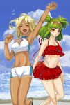  arm_up armpits bad_id beach beatmania beatmania_iidx bikini blonde_hair blush braid closed_eyes frown glasses_on_head green_hair navel open_mouth outstretched_arm raised_hand red_eyes short_hair siro smile sparkle squinting stare swimsuit tan tanline tsugaru twin_braids twintails xia 