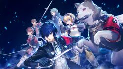  2boys 3girls aigis_(persona) albino albino_animal amada_ken android animal aqua_eyes aqua_hair aqua_sweater archery_shooting_glove arknights armband belt black_capelet black_gloves black_hairband black_jacket black_ribbon black_shorts black_skirt black_socks blonde_hair blue_background blue_eyes blue_hair bow bow_(weapon) bowtie brown_eyes brown_hair capelet cardigan clothed_animal collared_shirt dagger digital_walkman dog earphones earphones_removed fighting_stance finger_cannon game_asset gloves gold_hairband grey_dog hair_between_eyes hair_over_one_eye hairband headphones highres holding holding_bow_(weapon) holding_dagger holding_knife holding_polearm holding_sword holding_weapon holster hood hood_down hoodie jacket joints kneehighs knife koromaru_(persona) lips loose_bowtie miniskirt mp3_player multiple_boys multiple_girls neck_ribbon non-web_source official_art one_eye_covered open_clothes open_jacket orange_hoodie partially_fingerless_gloves persona persona_3 persona_3_reload pink_cardigan pleated_skirt polearm red_armband red_bow red_bowtie red_eyes ribbon robot_ears robot_joints s.e.e.s shiba_inu shirt shoes short_hair shorts shoulder_belt simple_background skirt smoke sneakers socks sweater swept_bangs sword takeba_yukari thigh_holster walkman_nw-s203f weapon weapon_in_mouth white_belt white_shirt white_shoes white_socks yamagishi_fuuka yuuki_makoto_(persona_3) 