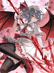  1girl ascot back_bow bat_(animal) bat_wings black_thighhighs blue_hair blurry bow breasts brooch commentary depth_of_field frilled_wrist_cuffs frills full_body full_moon hat hat_ribbon high_heels highres jewelry looking_at_viewer mary_janes mob_cap moon puffy_short_sleeves puffy_sleeves red_ascot red_bow red_eyes red_moon red_shoes red_sky red_wrist_cuffs remilia_scarlet ribbon shirt shoes short_sleeves skirt skirt_set sky small_breasts solo spear_the_gungnir thigh-highs tomura_amane touhou white_hat white_shirt white_skirt wings wrist_cuffs 
