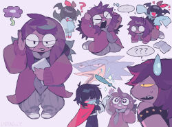  +_+ ... 1boy 2girls 2others ? ?? all_fours aqua_(deltarune) aqua_dress armlet arms_up berdly_(deltarune) bird_boy black_bodysuit black_hair black_vest blue_feathers blush_stickers bodysuit book bow breasts buck_teeth cape closed_eyes colored_sclera colored_skin commentary covered_eyes covering_own_mouth crying deltarune dress fang feathers fingerless_gloves flower fur-trimmed_robe fur_trim glasses gloves grey_background grey_gloves hair_bow hair_wings half-closed_eye highres holding holding_book jewelry kneeling kris_(deltarune) l0belly leaning_back leaning_forward long_hair medium_breasts messy_hair multiple_girls multiple_others narrowed_eyes necktie o_o opaque_glasses purple_flower purple_necktie purple_robe purple_skin red_bow red_cape red_scarf red_shoes riding_person robe round_eyewear saliva scarf seth_(deltarune) sharp_teeth shoes single_blush_sticker single_fingerless_glove skin_fang sparkle spiked_armlet spoken_ellipsis spoken_question_mark susie_(deltarune) sweatdrop teeth tongue tongue_out untranslatable_commentary utdr_(toby_fox) vest yellow_sclera 