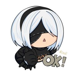  1girl 2b_(nier:automata) black_gloves black_hairband blindfold chibi chibi_only cleavage_cutout clothing_cutout covered_eyes feather-trimmed_sleeves gloves hairband mole mole_under_mouth nier:automata nier_(series) portrait puffy_sleeves rave_vii short_hair signature solo thumbs_up triangle_mouth 