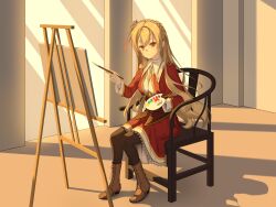  1girl amairo_islenauts between_breasts black_thighhighs blonde_hair boots braid breasts brown_boots chair closed_mouth clothes_between_breasts collared_shirt commentary crown_braid dated dual_wielding fen_cichlid_girls_academy_school_uniform full_body hair_between_eyes hair_ribbon hands_up haoge_china highres holding holding_paint_palette holding_paintbrush indoors jacket knees_together_feet_apart lace-trimmed_skirt lace-up_boots lace_trim large_breasts light_blush long_hair long_sleeves looking_at_object medium_skirt necktie necktie_between_breasts on_chair one_side_up orange_eyes paint_palette paintbrush painting_(action) red_jacket red_ribbon red_skirt ribbon school_uniform shadow shirley_warwick shirt sidelighting sidelocks signature sitting skirt smile solo thigh-highs very_long_hair white_shirt yellow_necktie 