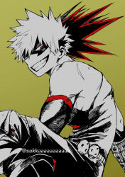  1boy bakugou_katsuki belt boku_no_hero_academia commentary cowboy_shot crosshatching detached_sleeves diagonal-striped_background dkyoudai explosive eye_mask from_side green_background grenade grin hair_between_eyes hatching_(texture) headgear highres knee_pads knee_up limited_palette linear_hatching looking_at_viewer looking_to_the_side male_focus mask pants pants_tucked_in partially_colored red_eyes sanpaku scar scar_on_shoulder short_hair sideways_glance sideways_mouth simple_background smile solo spiky_hair striped_background tank_top tsurime twitter_username white_background wrist_guards 