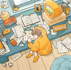  1boy absurdly_detailed_composition aoicancerius book book_stack commentary computer crt curled_up desk desk_lamp elbow_on_table eraser faux_retro_artstyle highres homework lamp loaded_interior math notebook open_book original pencil pencil_case photo_(object) retro_artstyle sleeping slice_of_life studying sweater table textbook writing 