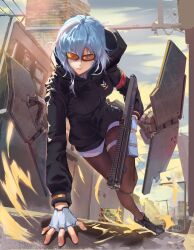  1girl artist_name black_jacket black_shoes blue_hair bullpup closed_mouth commentary english_commentary fingerless_gloves full_body girls_frontline gloves gun highres holding holding_gun holding_weapon hood hooded_jacket jacket kel-tec_ksg ksg_(girls'_frontline) orange-tinted_eyewear pouch pump_action safety_glasses shoes shotgun solo thigh_pouch tinted_eyewear weapon white_gloves x-kulon 