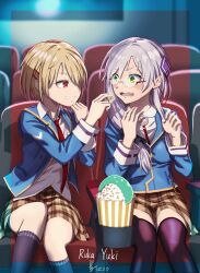  2girls absurdres black_socks black_thighhighs blush brown_hair chair commentary_request el_nantoka fang food glasses green_eyes grey_hair grin hair_ornament hair_over_one_eye hairclip heaven_burns_red highres izumi_yuki kayamori_ruka long_hair movie_theater multiple_girls narby_(heaven_burns_red) necktie on_chair one_eye_covered open_clothes open_mouth popcorn red_eyes red_necktie school_uniform shirt short_hair sitting skin_fang smile socks thigh-highs white_shirt 