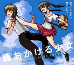  brown_hair fujioka high_kick kick kicking long_hair minami-ke minami_kana parody school_uniform shirono sky toki_wo_kakeru_shoujo twintails 