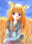  brown_hair gofu holo long_hair red_eyes spice_and_wolf traditional_media wheat wolf_ears 