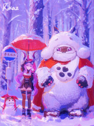  2girls absurdres arknights arknights:_endfield bare_tree chinese_commentary commentary_request fake_horns forest hairband highres holding holding_umbrella horn_hairband horns long_hair long_sleeves mascot_costume multiple_girls nature outdoors purple_hair purple_horns purrchena_(arknights) rikaz snow snowing snowman thigh-highs tree typhoeus_(arknights) typhon_(arknights) umbrella violet_eyes 