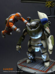  1boy arm_cannon armor armor_skirt artist_name belt_pouch black_background cable camouflage_armor dirty dirty_clothes english_text exoskeleton hangar head-mounted_display jumpsuit krueger looking_at_object maschinen_krieger mecha mecha_pilot_suit mechanical_hands model_kit_(medium) orange_jumpsuit pouch power_armor print_armor robot science_fiction steel_beam unconventional_media weapon 