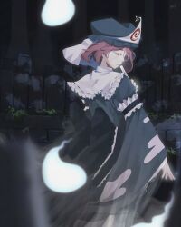  1girl absurdres blue_hat blue_kimono closed_mouth commentary_request folded_fan folding_fan frilled_kimono frills hand_fan hat highres hitodama holding holding_fan japanese_clothes kimono long_sleeves mob_cap nekromemi pink_eyes pink_hair saigyouji_yuyuko sleeve_garter solo touhou triangular_headpiece wide_sleeves 