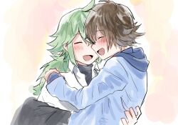  2boys :d blue_jacket blush closed_eyes collared_shirt commentary_request green_hair hand_on_another's_shoulder highres hilbert_(pokemon) hood hood_down hooded_jacket jacket long_hair long_sleeves male_focus multiple_boys n_(pokemon) open_mouth pants pokemon pokemon_black_and_white shirt smile undershirt white_shirt yukinoko2200 