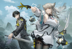  1boy 1girl absurdres animal_ears arknights arknights:_endfield bird_ears bird_girl black_coat black_gloves black_hair black_mask black_pantyhose blindfold_mask blue_eyes chinese_commentary clouds coat commentary_request dress endministrator_(arknights) gloves grey_hair highres holding holding_sword holding_weapon jacket long_hair long_sleeves male_endministrator_(arknights) mask mountain multicolored_gloves off_shoulder open_clothes open_coat outdoors pantyhose parted_lips perlica_(arknights) short_hair sky sword two-sided_gloves two-tone_gloves weapon white_dress white_jacket xun_yi yellow_gloves 