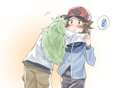  ! 2boys absurdres belt_buckle blue_jacket blush brown_hair brown_pants buckle commentary_request green_hair hand_up hat highres hilbert_(pokemon) hug jacket long_hair long_sleeves male_focus multiple_boys n_(pokemon) pants pokemon pokemon_black_and_white shirt short_hair spoken_exclamation_mark sweatdrop white_shirt yukinoko2200 