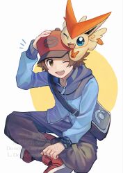  1boy :d ;d arm_up bag blue_jacket brown_eyes brown_hair commentary_request hand_on_headwear happy hat highres hilbert_(pokemon) jacket long_sleeves looking_at_viewer male_focus on_head one_eye_closed open_mouth pants pokemon pokemon_(creature) pokemon_black_and_white pokemon_on_head red_shoes shoes short_hair shoulder_bag sitting smile victini xtransceiver yukinoko2200 zipper_pull_tab 