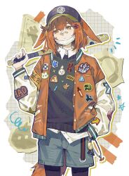  1girl absurdres alternate_costume amiya_(arknights) anger_vein animal_ears arknights armband bandaid bandaid_on_face bandaid_on_nose baseball_bat baseball_cap black_pantyhose black_sweater blue_shorts candy chinese_commentary collared_shirt commentary_request cowboy_shot crossed_bandaids crownslayer_(arknights) dopperu_ben food hand_in_pocket hat headphones highres holding holding_baseball_bat hyena_ears hyena_girl hyena_tail jacket kal'tsit_(arknights) letterman_jacket looking_to_the_side mask_pull orange_eyes orange_hair orange_jacket outline pantyhose pantyhose_under_shorts paper_background pizza reunion_logo_(arknights) rhodes_island_logo_(arknights) shirt short_hair shorts simple_background solo speech_bubble star_(symbol) sweatdrop sweater sword weapon white_background white_shirt 